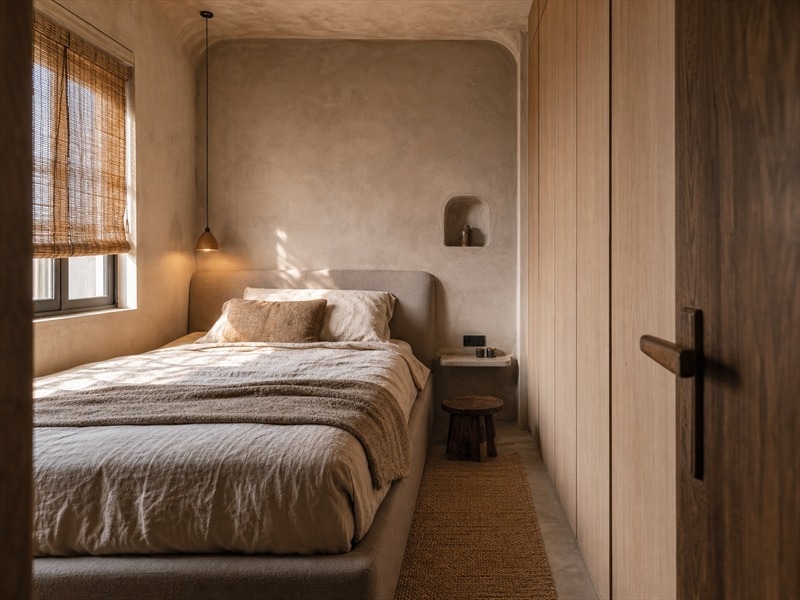 Thiết kế phòng ngủ chung cư Wabi Sabi hẹp có tủ cánh phẳng