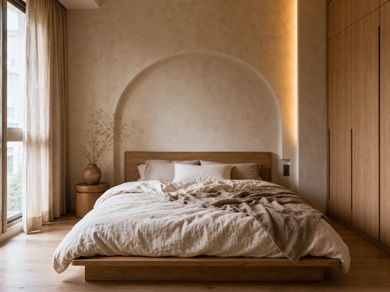 Thiết kế phòng ngủ chung cư Wabi Sabi có hốc vòm đầu giường