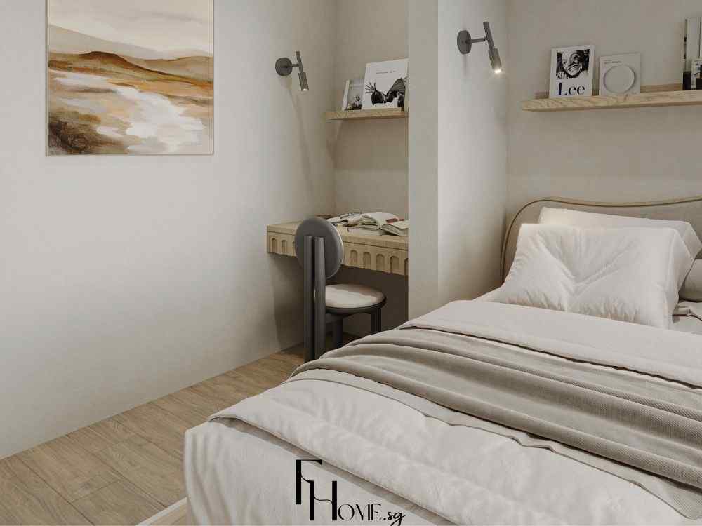 Phòng ngủ Wabi Sabi tông be sáng với bàn học gỗ tự nhiên, đèn đọc sách tối giản