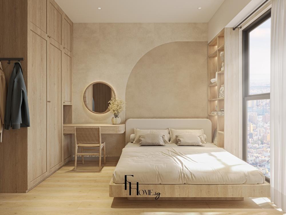 Phòng ngủ phong cách Wabi Sabi với tủ gỗ sáng kịch trần, gương tròn bàn trang điểm và giường gỗ chân thấp