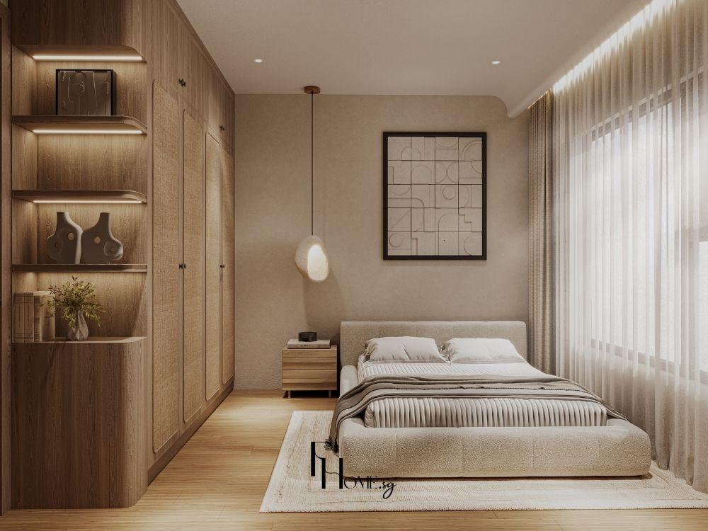 Phòng ngủ phong cách Wabi Sabi với tủ gỗ sáng, kệ trang trí có đèn hắt và giường nỉ bouclé