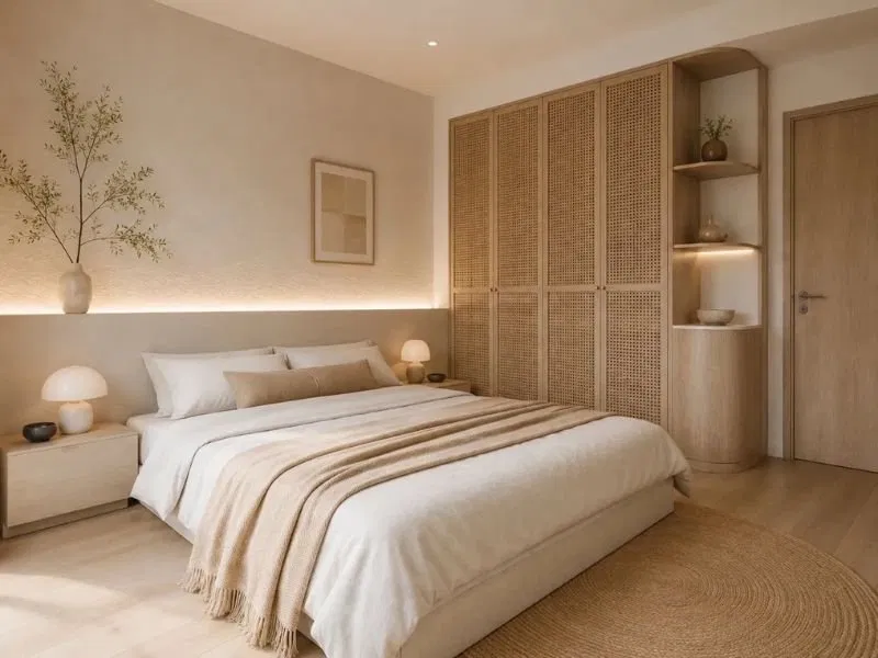 Phòng ngủ phong cách Wabi Sabi tông be với tủ áo mây đan, ga giường trắng và chăn dệt tua rua