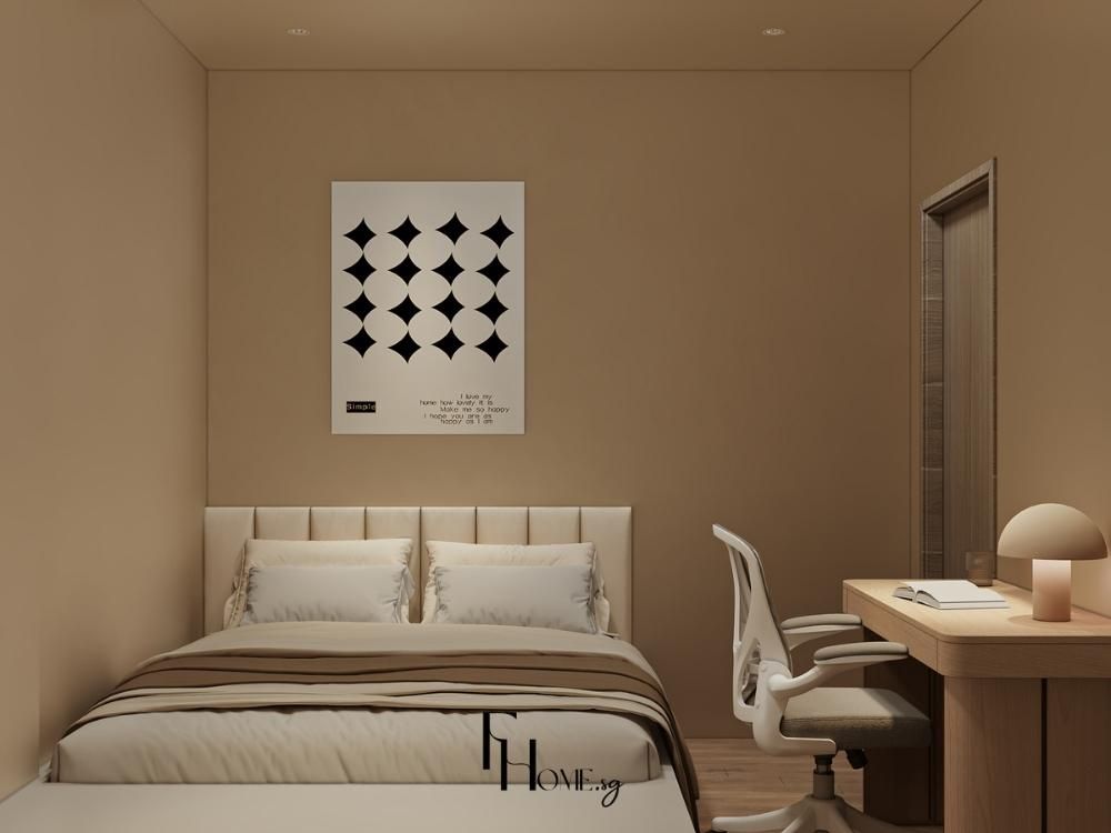 Phòng ngủ phong cách Wabi Sabi với tường nâu đất, tranh trừu tượng và góc làm việc gỗ sồi
