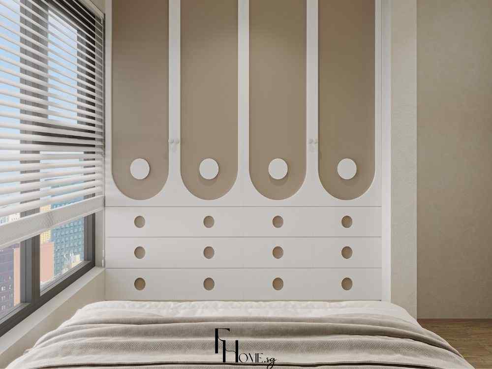 Phòng ngủ Wabi Sabi với thiết kế hình khối bo tròn tông trắng be