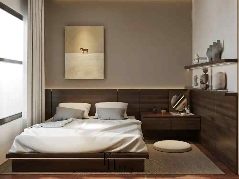 Phòng ngủ Zen tối giản với giường gỗ thấp, gam màu nâu trầm, ánh sáng nhẹ, tranh treo tường tinh tế
