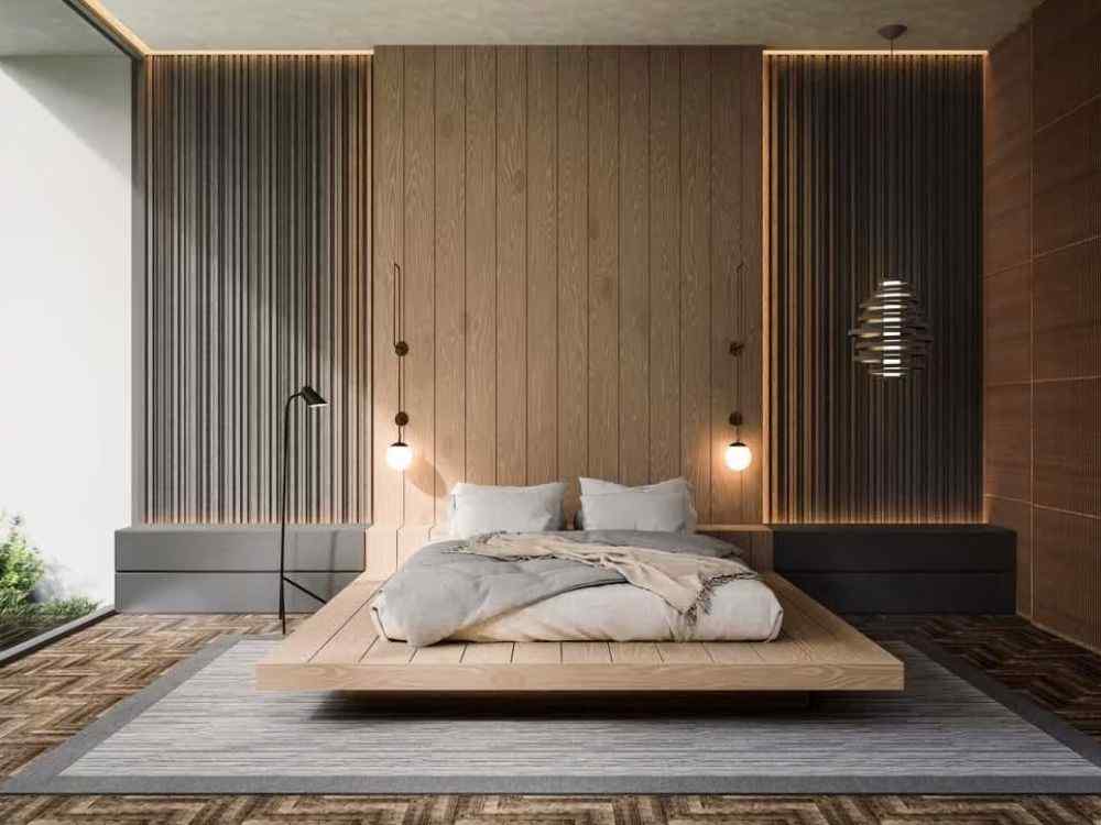 Phòng ngủ Zen với giường gỗ tấm lớn, tường ốp nan dọc