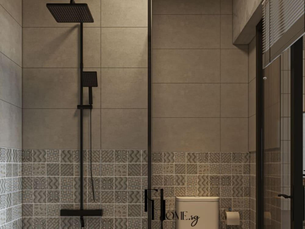 Phòng tắm chung cư 50m² với tường gạch men xám và gạch hoa văn nửa tường, vòi sen đen