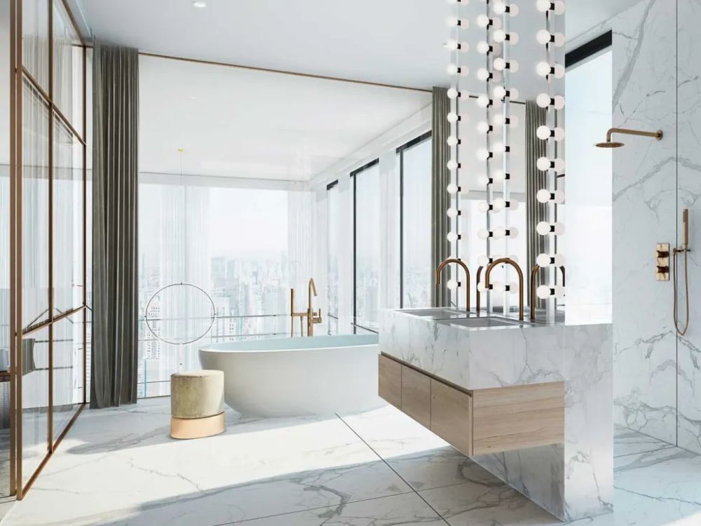 Phòng tắm chung cư cao cấp với bồn tắm độc lập đặt cạnh cửa kính toàn cảnh, lavabo đôi bằng đá marble