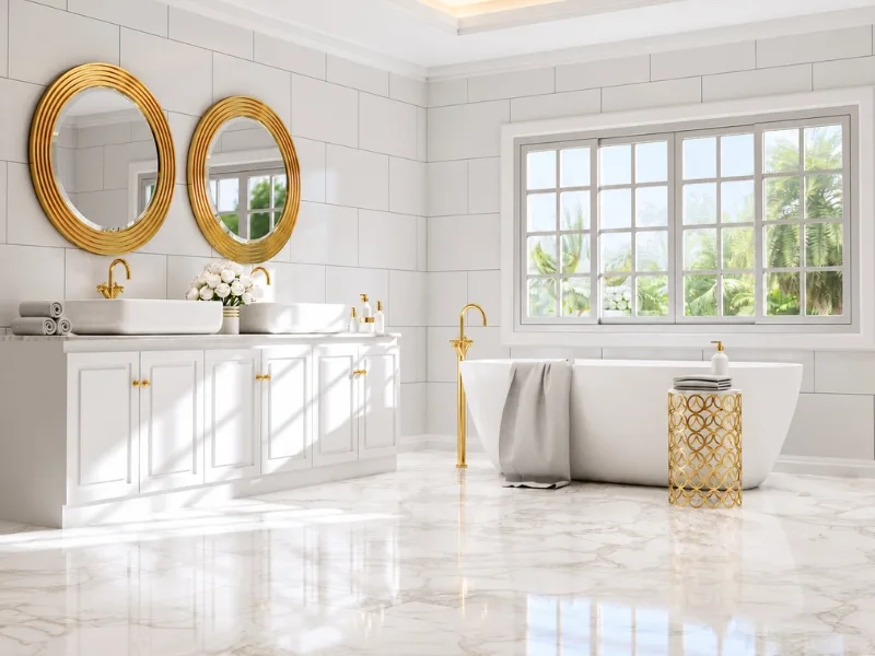 Phòng tắm phong cách cổ điển đặt bồn tắm độc lập cạnh khu lavabo có hai gương tròn viền vàng.