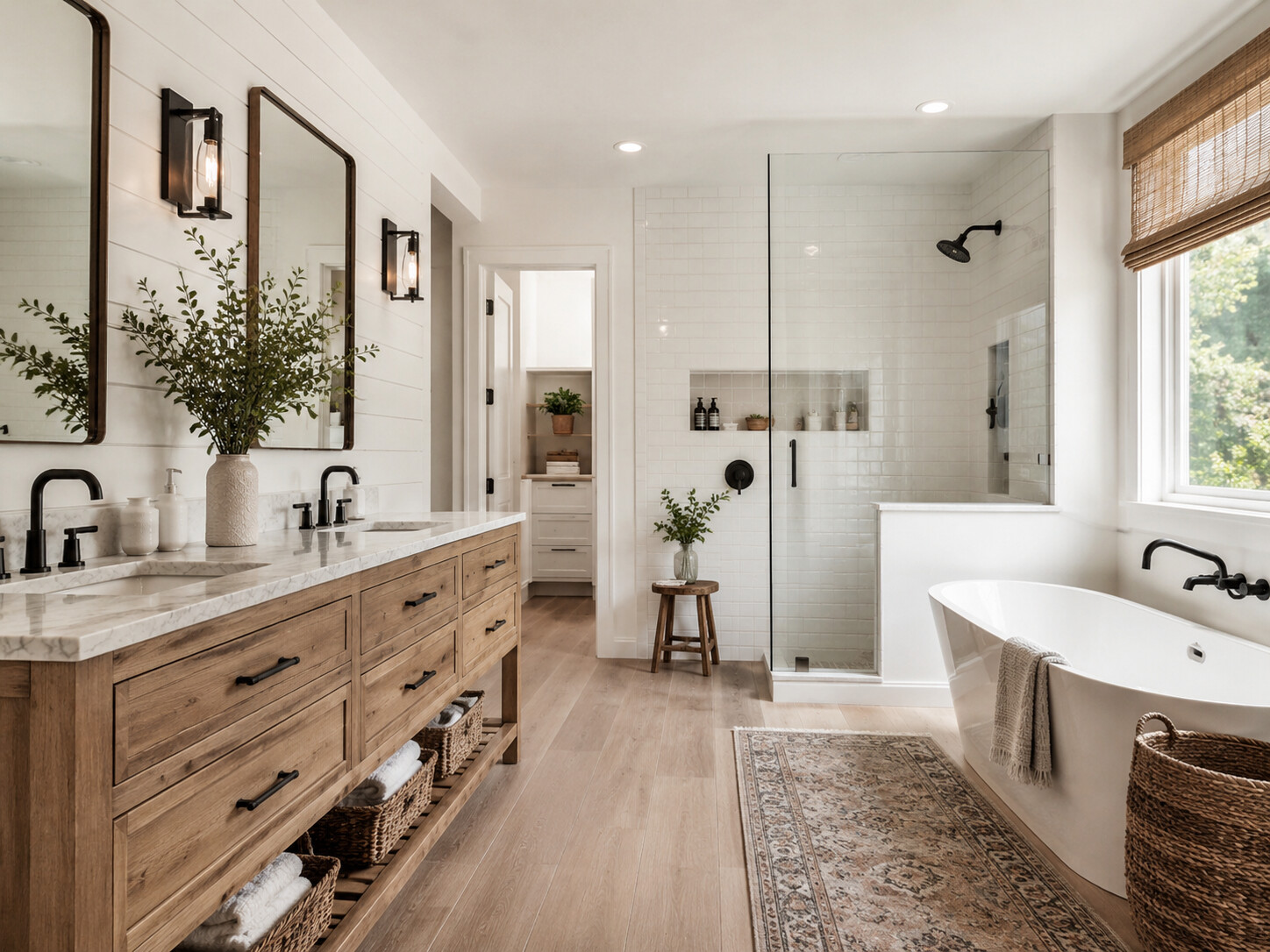 Phòng tắm Farmhouse với tủ lavabo gỗ và buồng tắm kính