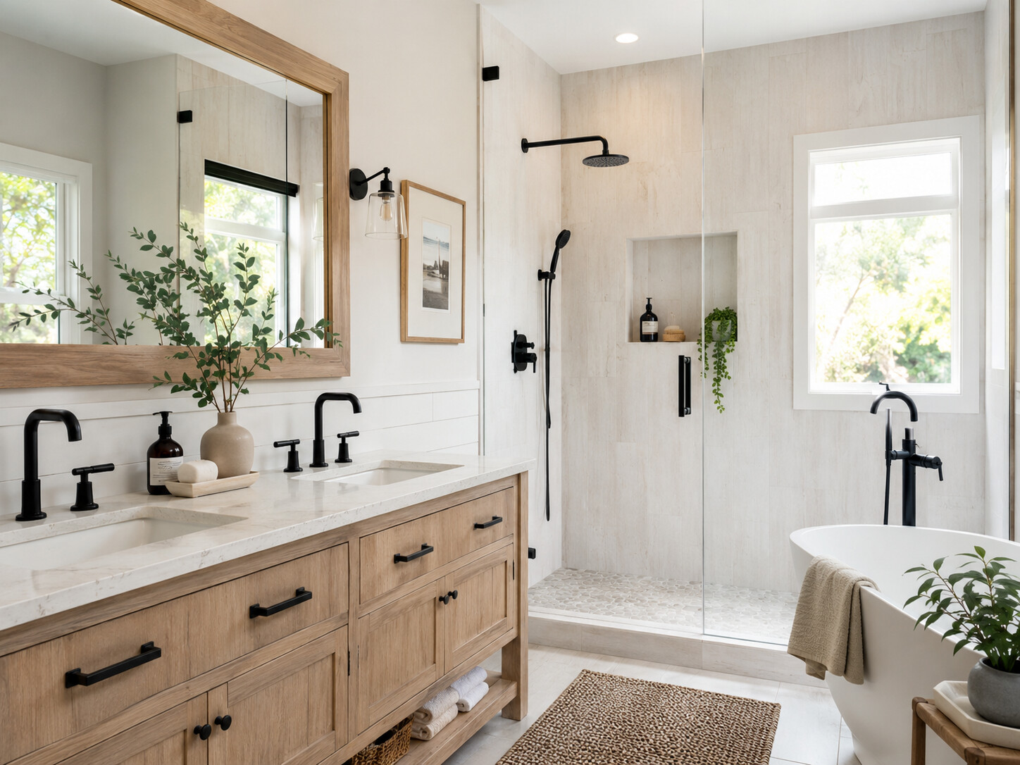 Phòng tắm Farmhouse với tủ lavabo gỗ và bồn tắm cạnh cửa sổ