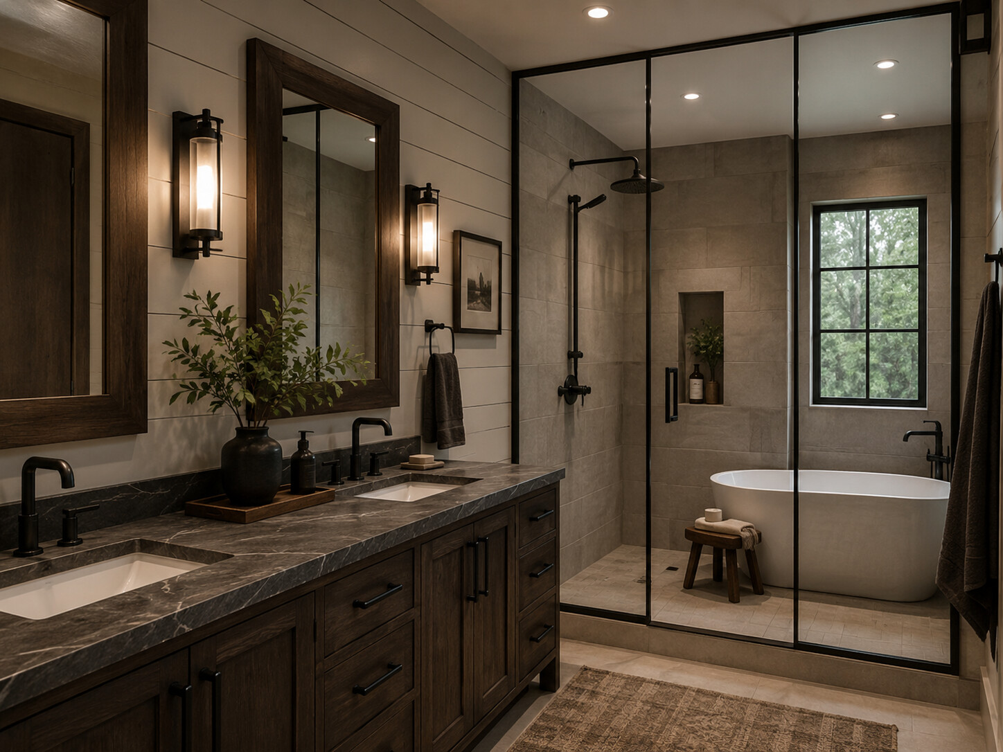 Phòng tắm Farmhouse với gương khung gỗ và tủ lavabo tối màu