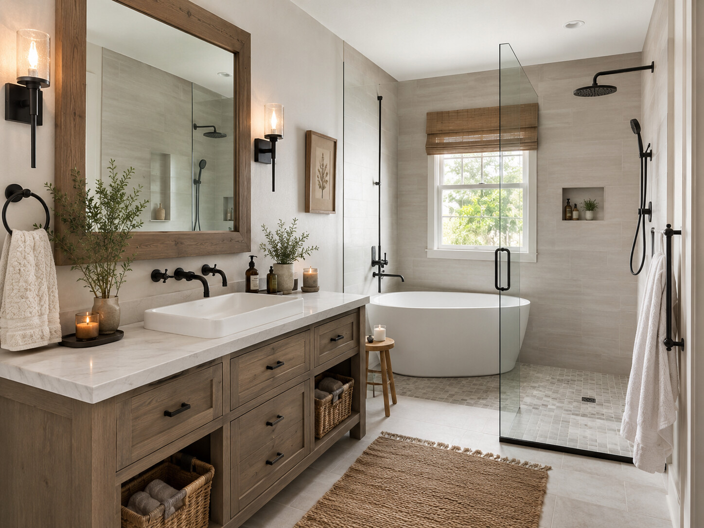 Phòng tắm Farmhouse tông trắng với bồn tắm đứng