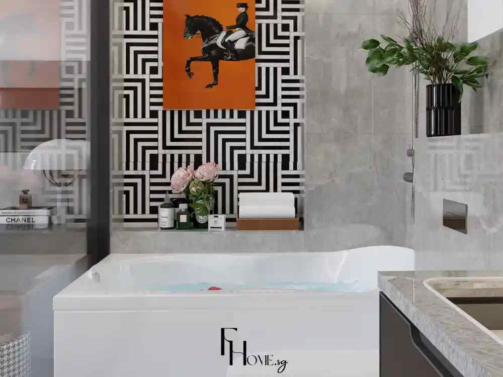 Phòng tắm hiện đại với bồn tắm trắng và tường gạch họa tiết đen trắng nổi bật