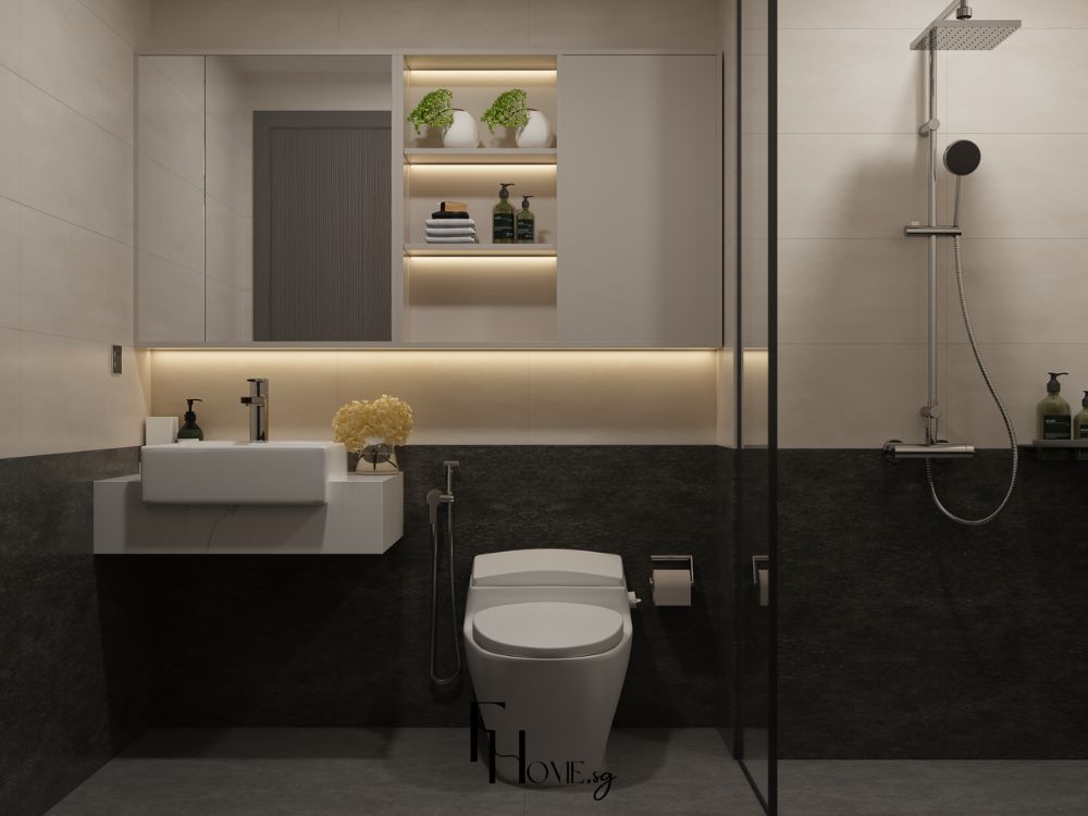 Phòng tắm hiện đại với tông xám trắng tinh tế, đèn hắt âm tường và nội thất tối giản sang trọng