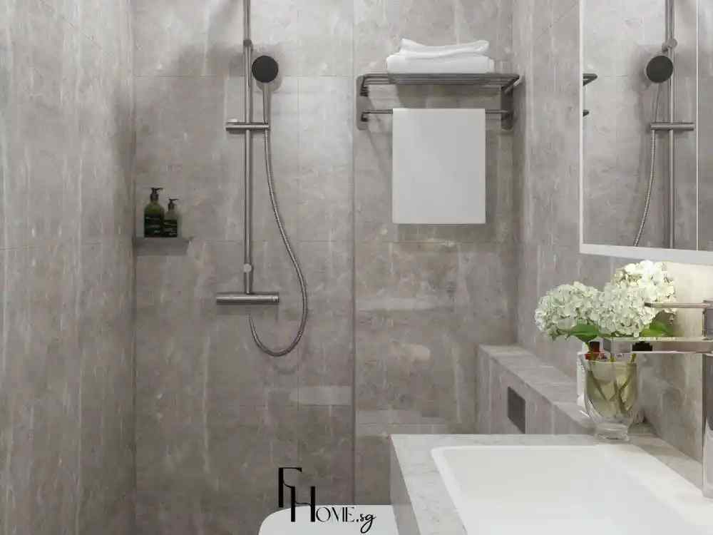 Phòng tắm hiện đại với vách kính, vòi sen âm tường và điểm nhấn hoa tươi tinh tế