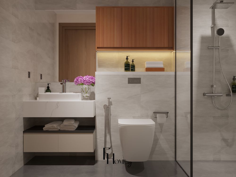 Phòng tắm Japandi tông be xám với tủ gỗ tối, bồn rửa tối giản và ánh sáng ấm áp dịu nhẹ