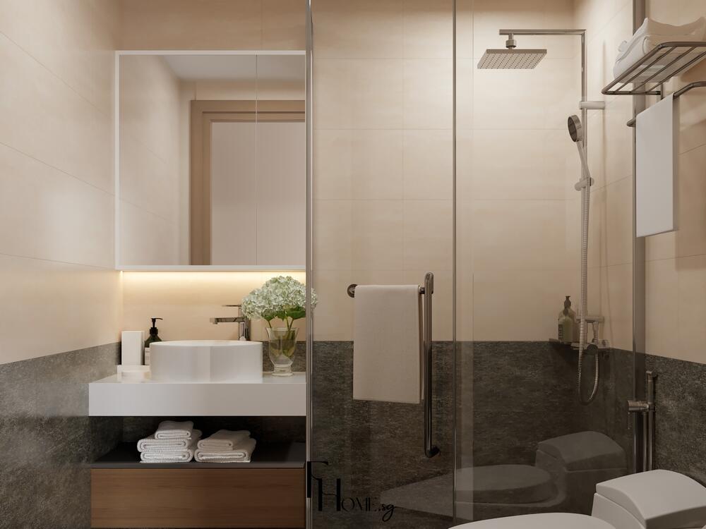 Phòng tắm phong cách Nhật Bản sử dụng lavabo vuông trắng, gạch ốp hai tông màu