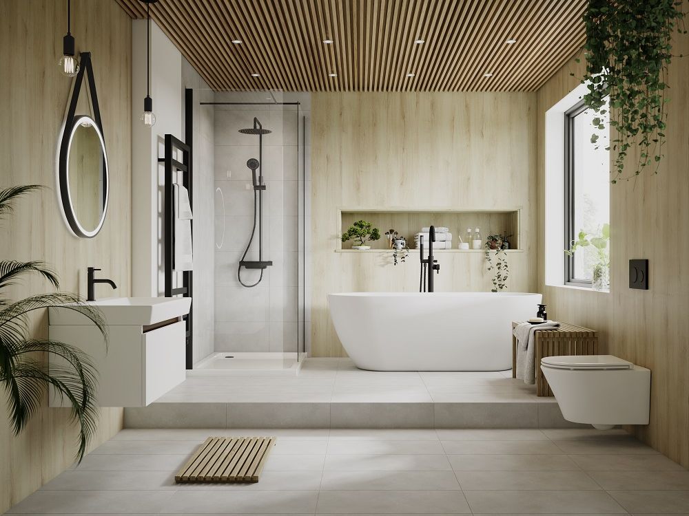 Phòng tắm Nhật Bản hiện đại với bồn tắm độc lập, trần gỗ nan và ánh sáng tự nhiên ấm áp