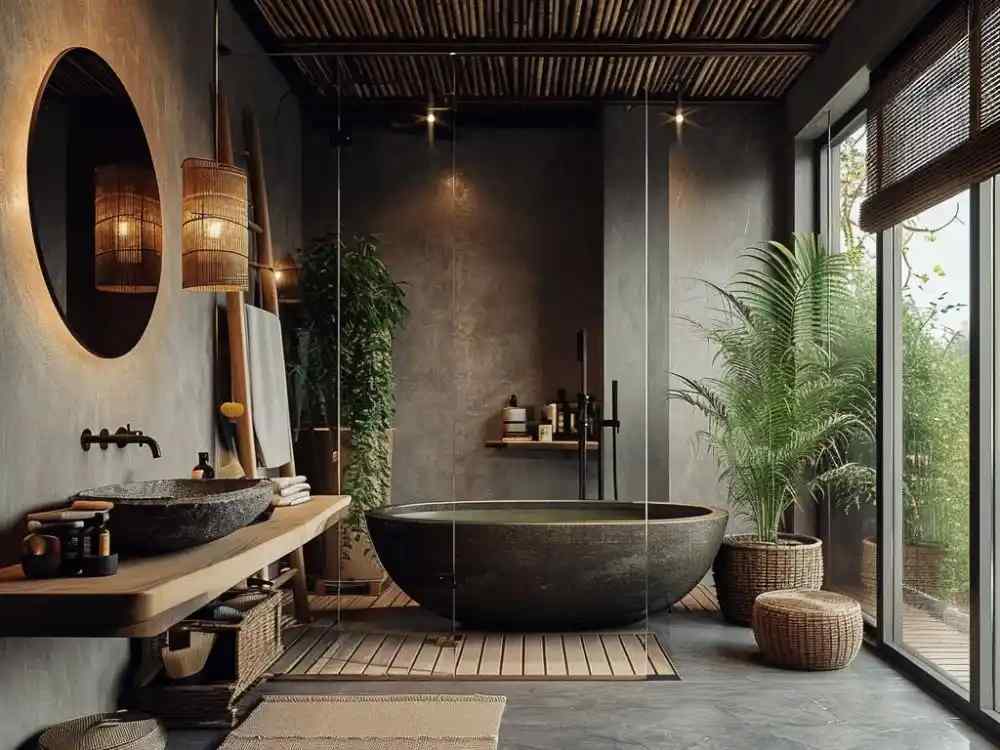 Phòng tắm Nhật Bản tông xám đá tự nhiên với bồn tắm đá đen, ánh sáng ấm và cây xanh trang trí