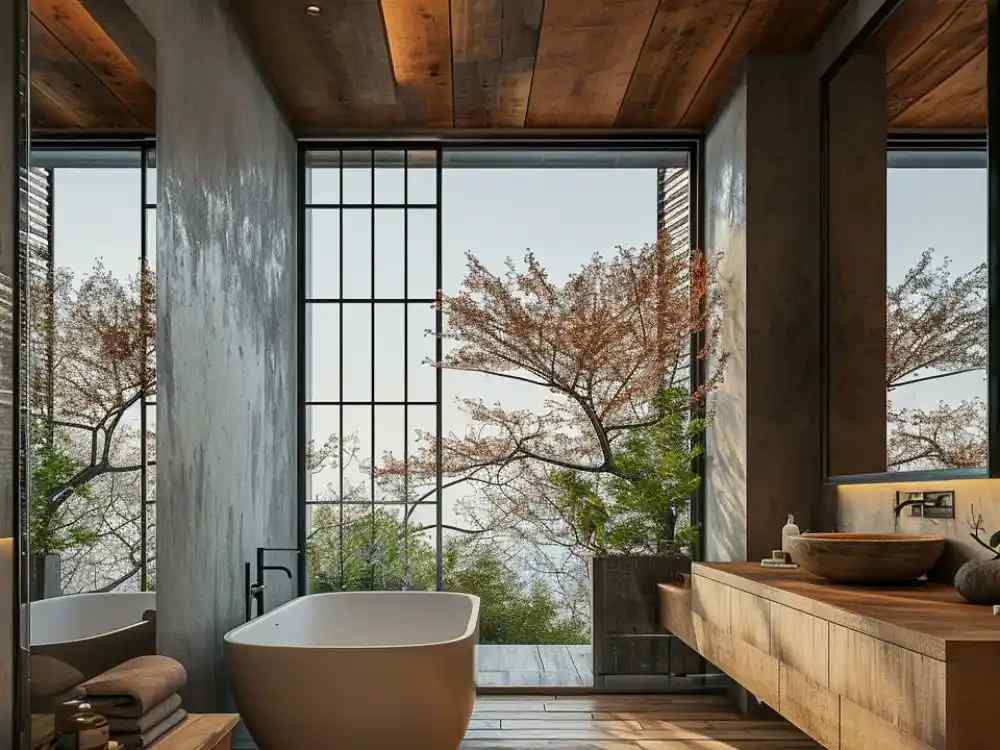 Phòng tắm Nhật hiện đại với bồn tắm trắng, tường bê tông mộc và cửa kính nhìn ra cây lá đỏ mùa thu