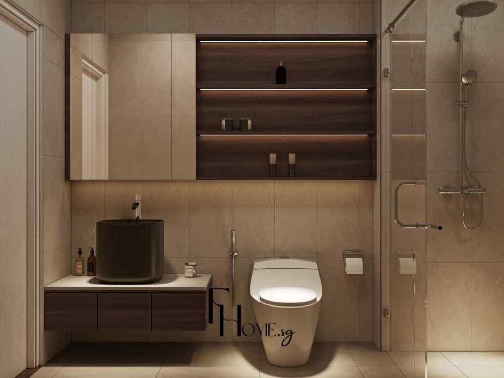 Phòng tắm ốp gạch sáng, lavabo đen, tủ gỗ tối màu, vòi sen inox