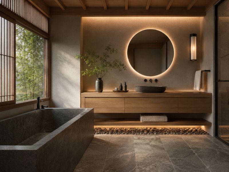 phòng tắm phong cách Nhật Bản cửa Shoji bồn tắm rời tủ gỗ dài