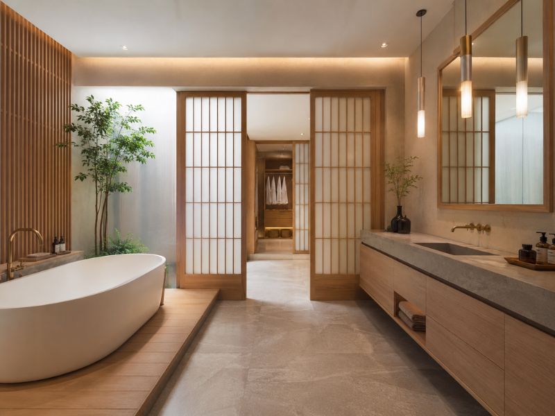 phòng tắm phong cách Nhật Bản cửa Shoji bồn tắm rời tủ gỗ dài