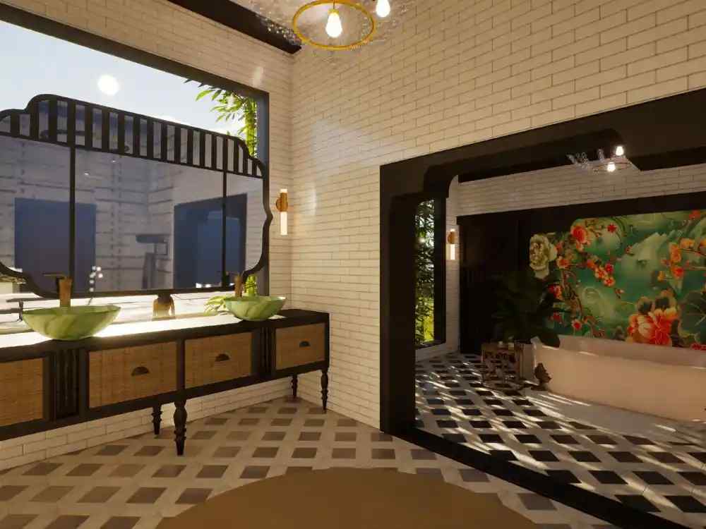 Phòng tắm phong cách Đông Dương kết hợp gạch trắng, họa tiết hoa lớn và lavabo đá xanh tự nhiên