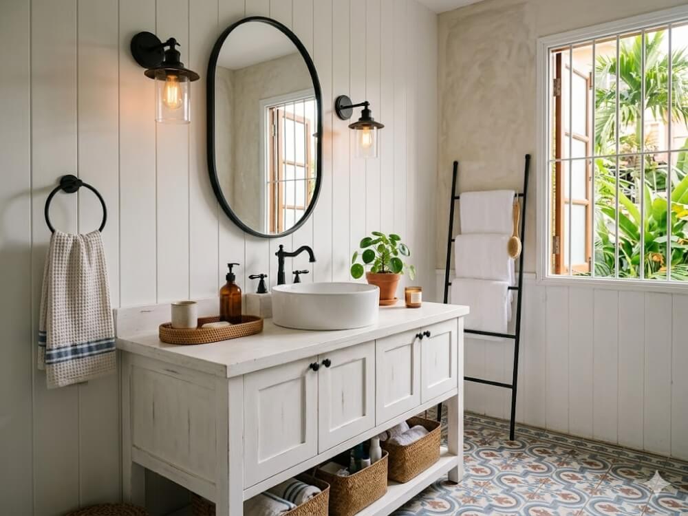 hòng tắm Farmhouse: tủ lavabo gỗ trắng, gương oval khung kim loại đen mờ, phụ kiện đen mờ đồng bộ.