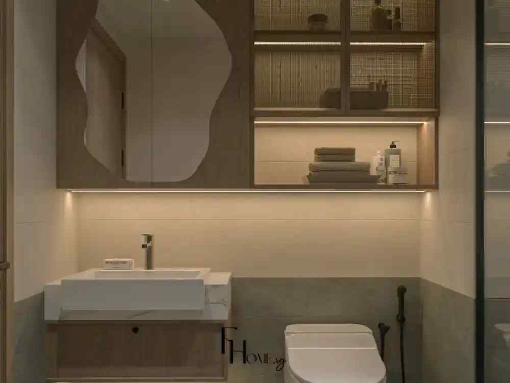 Phòng tắm phong cách hiện đại, tông màu be và gỗ ấm, bồn rửa vuông với vòi nước inox