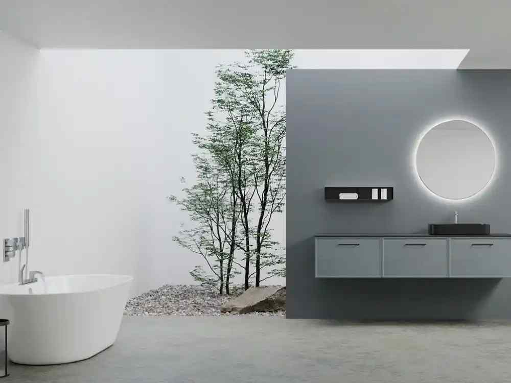 Phòng tắm phong cách Minimalism với gạch đá mờ, nội thất treo tường và ánh sáng tự nhiên tràn ngập