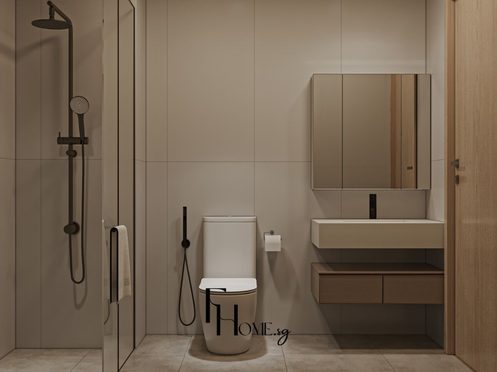 Phòng tắm phong cách Minimalism với gam be trung tính, nội thất vuông gọn và ánh sáng dịu nhẹ