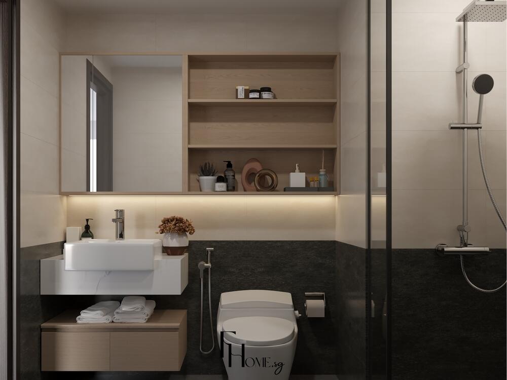 Phòng tắm phong cách Nhật Bản với tường gạch be, lavabo đen tròn, kệ gỗ tối màu và buồng tắm kính hiện đại