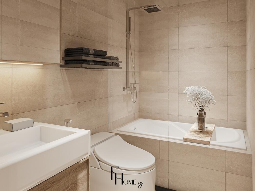 Phòng tắm phong cách Nhật Bản với bồn tắm vuông, gạch ốp sáng và kệ khăn gọn gàng tinh tế