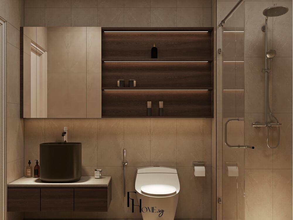 Phòng bếp phong cách Nhật Bản với tông gỗ nâu, đèn hắt ấm áp và bố cục chữ L gọn gàng