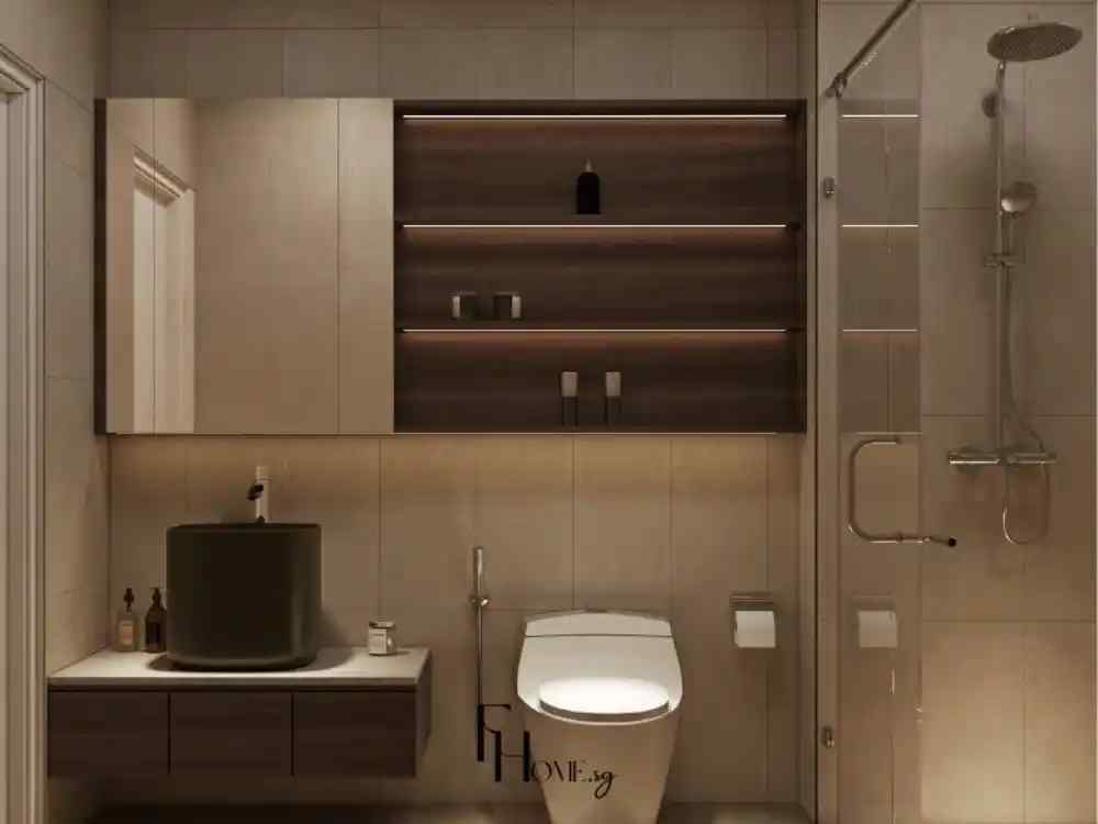 Phòng tắm phong cách sang trọng, ốp gạch be bóng, bồn rửa tròn màu đen đặt trên kệ gỗ tối