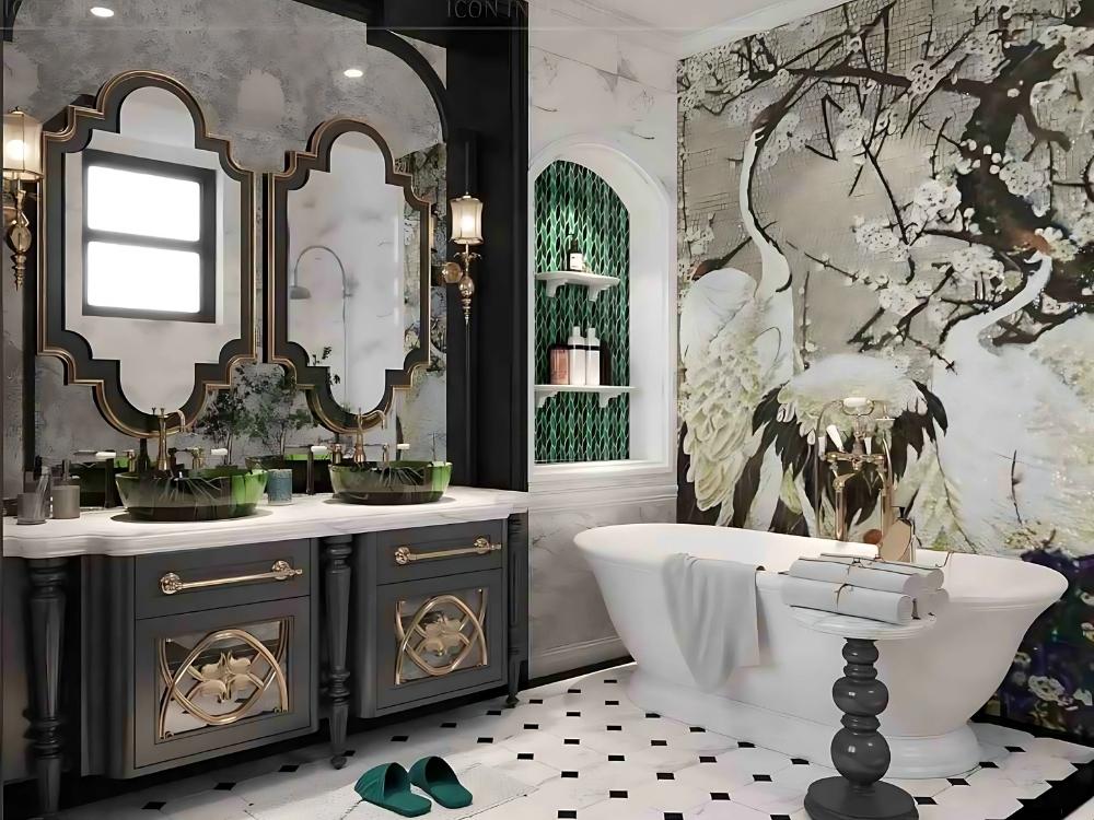 Phòng vệ sinh phong cách đông dương với bồn rửa sứ, gương đồng và gạch bông tạo không gian sang trọng ( sưu tầm)