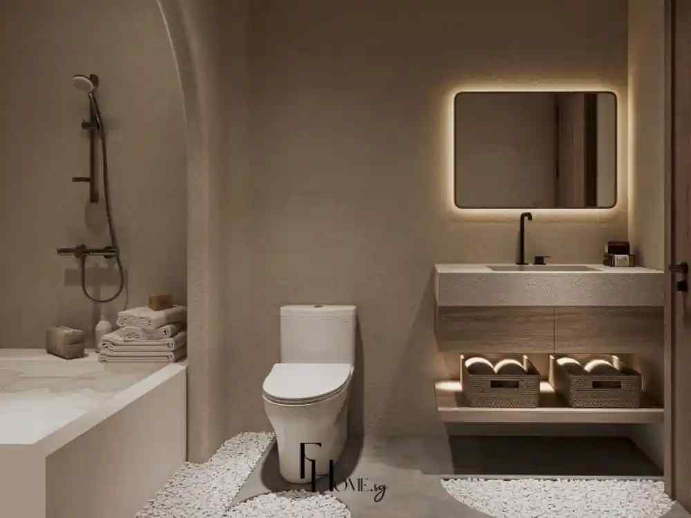 Phòng tắm phong cách tối giản, sử dụng chất liệu tự nhiên với tường sần, khu vực tắm lát đá cuội