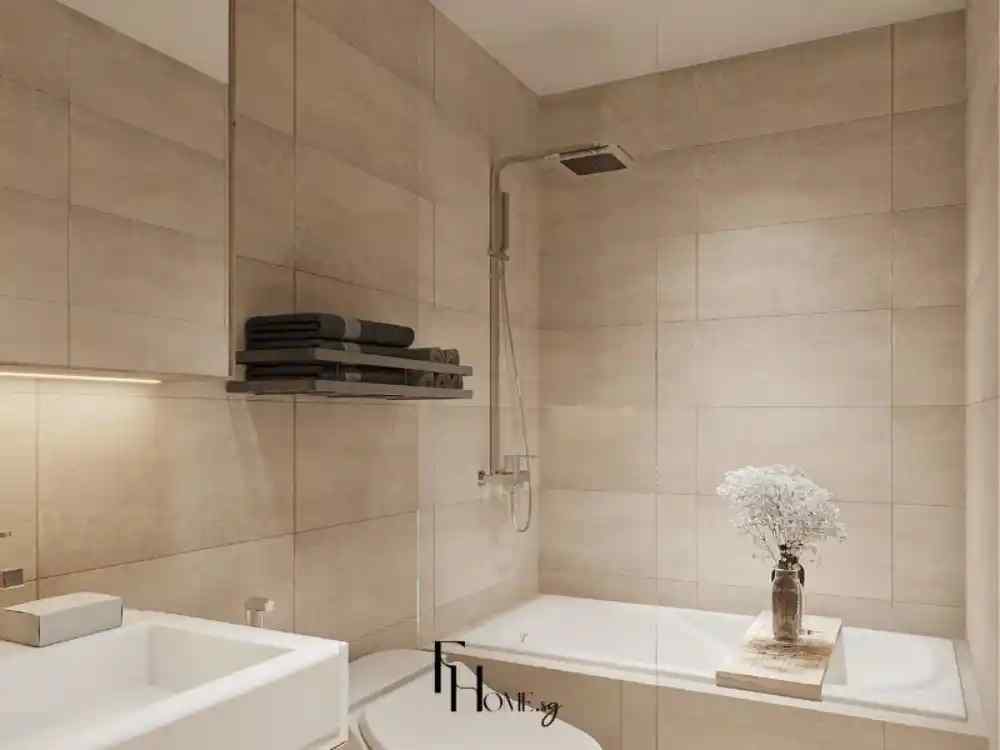 Phòng tắm phong cách tối giản, tường ốp gạch sáng màu, có bồn tắm chữ nhật tích hợp vòi sen treo tường