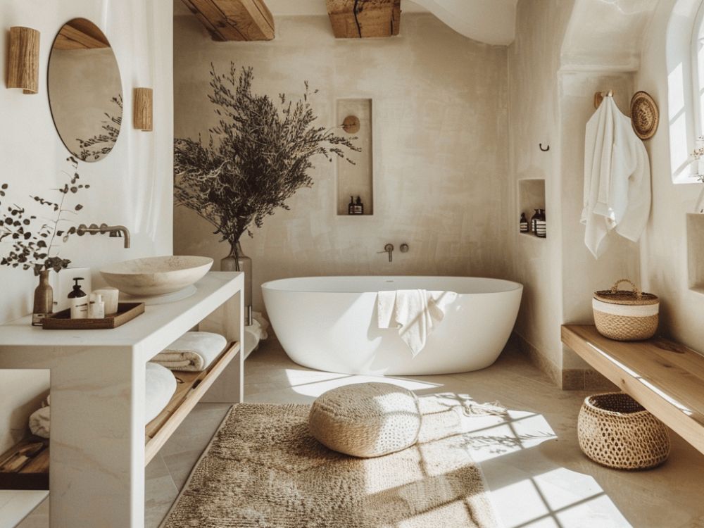 Phòng tắm phong cách tự nhiên với bồn tắm độc lập màu trắng, tường vữa thô màu be