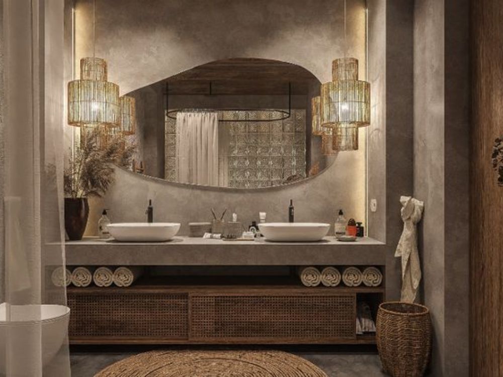 Phòng tắm phong cách Wabi Sabi với gương uốn cong, đèn tre treo và chi tiết mây đan tự nhiên