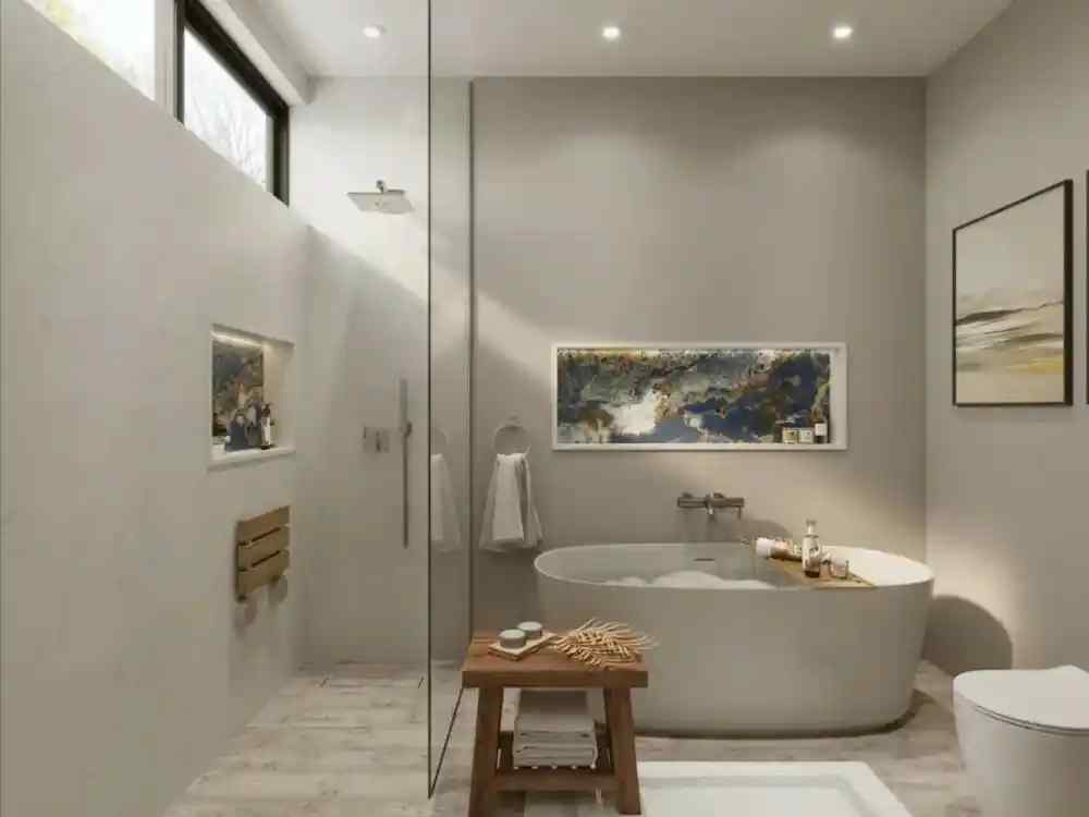 Phòng tắm phong cách Zen tối giản với bồn tắm trắng oval, tường trung tính và ánh sáng dịu nhẹ