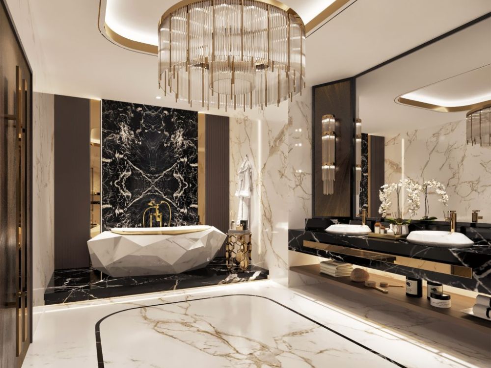 Phòng tắm sang trọng với bồn tắm hình học độc đáo, tường đá marble trắng kết hợp đen, lavabo đôi