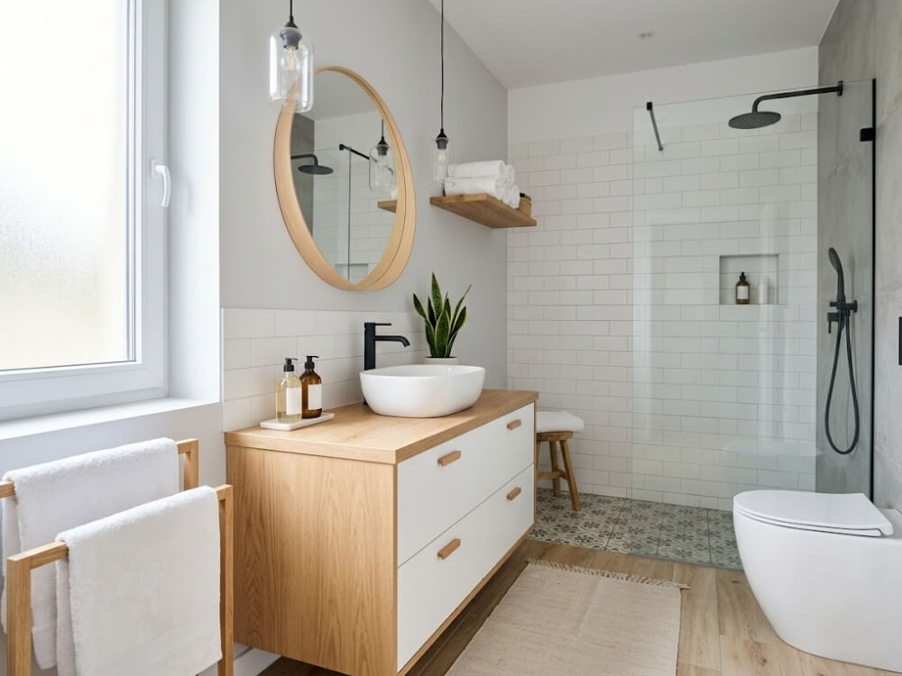 Phòng tắm phong cách Scandinavian tông trắng sáng, bồn rửa đặt trên tủ gỗ tự nhiên trong căn hộ 68m2 tại TP.HCM