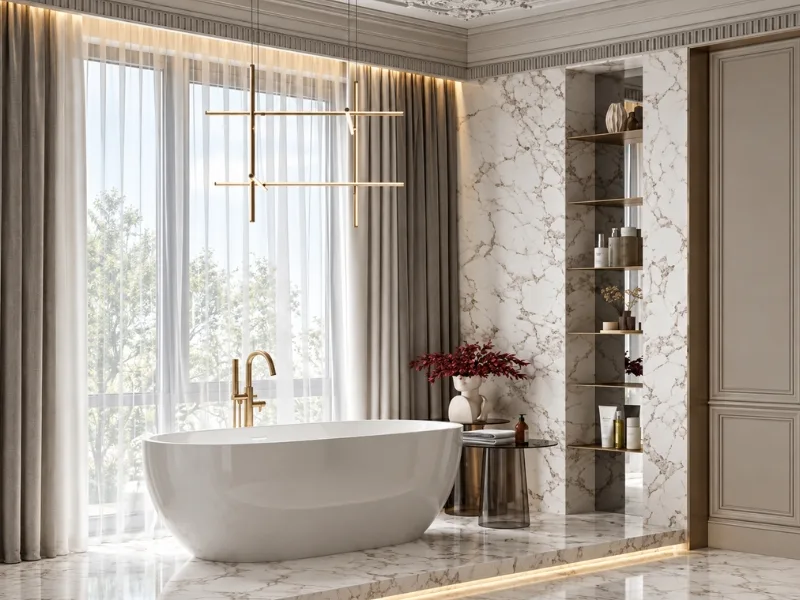 Phòng tắm phong cách tân cổ điển có bồn tắm độc lập bên cửa kính cao trong không gian ốp đá vân mây.