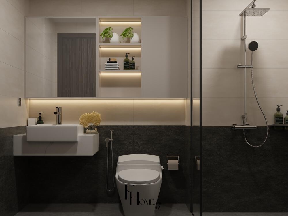 Phòng tắm tối giản với bồn rửa vuông, tủ gương lớn và ánh sáng hắt nhẹ nhàng