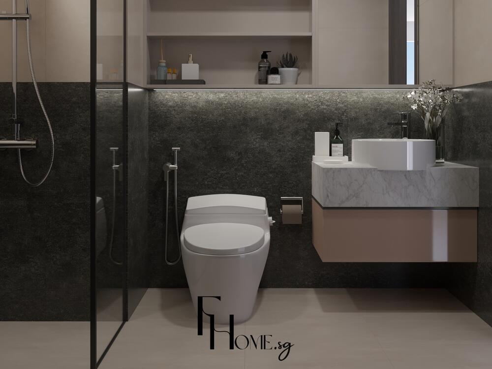 Phòng tắm tối giản với lavabo tròn đá marble, tường ốp tối màu và kính cường lực ngăn tắm