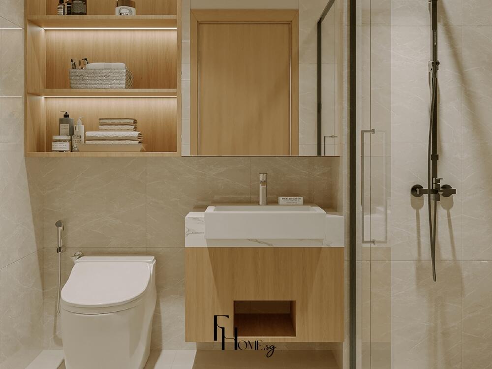 Phòng tắm tối giản với tủ lavabo ốp gỗ, kệ mở và vòi sen đen mờ hiện đại