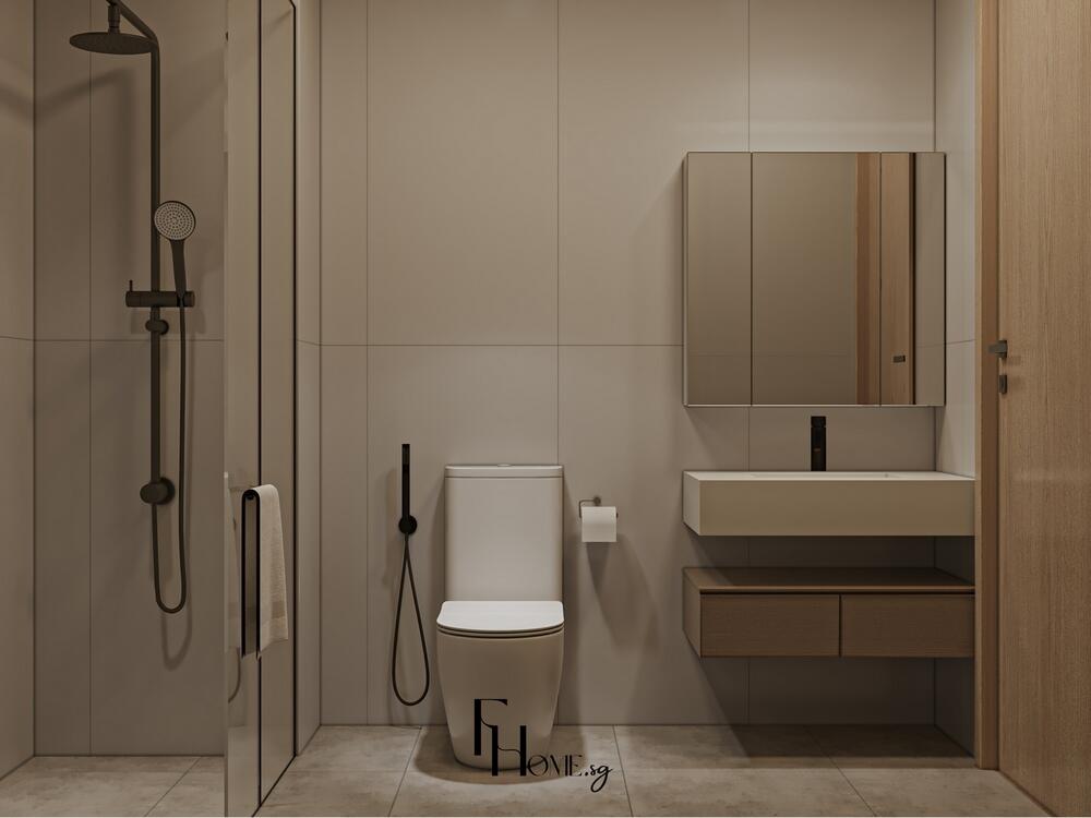 Phòng tắm tối giản với tường sáng, bồn cầu hiện đại và buồng tắm kính